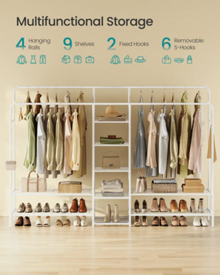 CLOTHES RACK, OPEN WARDROBE, METAL COAT RACK WITH 9 SHELVES, HANGING ...
