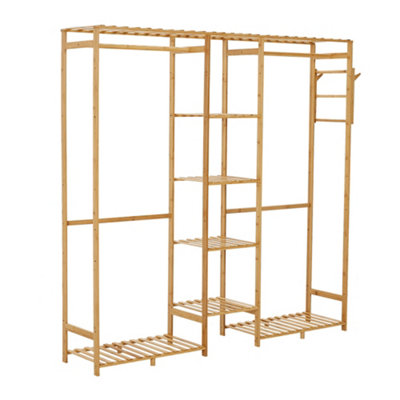 Clothes Rack with Side Hooks and 6 Shelves Natural