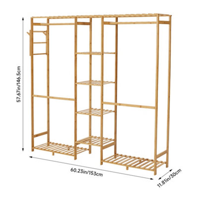 Clothes Rack with Side Hooks and 6 Shelves Natural