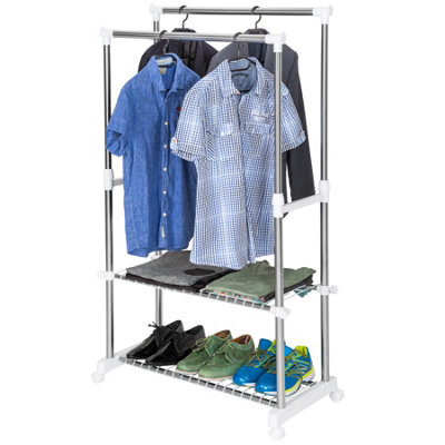 Clothes Rail - 2 infinitely height-adjustable poles, 2 wire shelves - grey