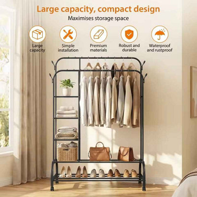 Clothes Rail Black Metal Garment Rack Double Hanging Rails Shoe Rack ...