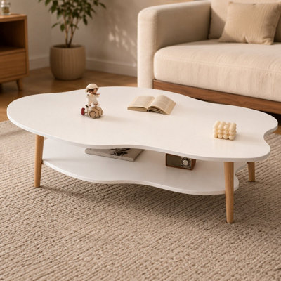 Cloud Coffee Table Wood Composite 2 Tier Living Room Tea Table, White