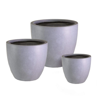 Cluster Set of 3 IDEALIST™ Garden Round Planter, Grey Reinforced Stone Garden Plant Pots: D35 H32 cm + D46 H45 cm + D56 H52 cm