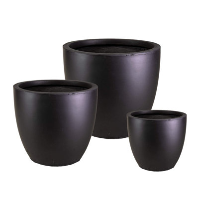 Cluster Set of 3 IDEALIST��™ Round Planter, Black Reinforced Stone Garden Planters: D35 H32 cm + D46 H45 cm + D56 H52 cm