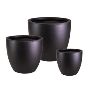 Cluster Set of 3 IDEALIST™ Round Planter, Black Reinforced Stone Garden Planters: D35 H32 cm + D46 H45 cm + D56 H52 cm