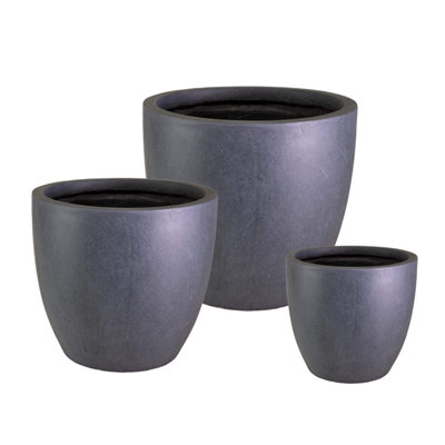 Cluster Set of 3 IDEALIST™ Round Planter, Dark Grey Reinforced Stone Garden Planters: D35 H32 cm + D46 H45 cm + D56 H52 cm