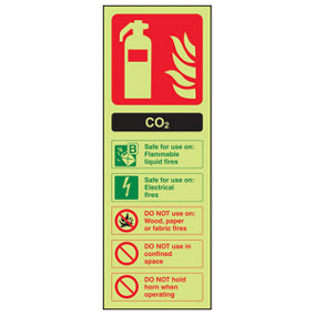 CO2 Fire Extinguisher Safety Sign - Glow in the Dark - 100x280mm (x3)
