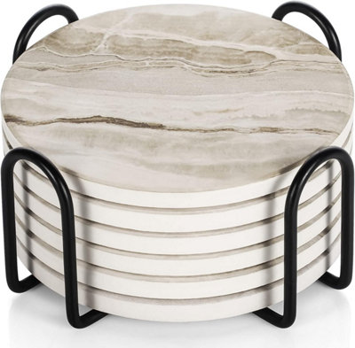 Coaster Set of 6 with Stand, Black Marble Style Ceramic Coasters for ...