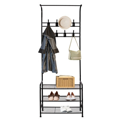 Coat Rack Stand with Shoe Rack and Removable 16 Hooks-Black