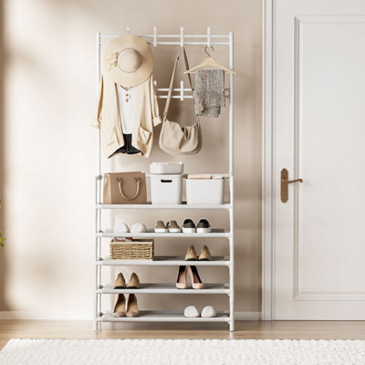 Coat Shelf Rack Fabric Hanger New 8 Tiers Hooks Shoe 5 Hat and White