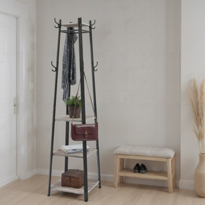 Coat Stand, Coat Rack with 8 Double Coat Hooks, 4 Shelves, Clothes ...