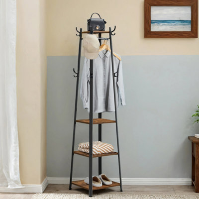 Coat Stand, Coat Rack with 8 Double Coat Hooks, 4 Shelves, Clothes ...