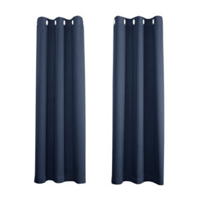Cobalt Dusty Blue Blackout Thermal Eyelet Curtains - 46 x 63 Inch Drop - 2 Panel