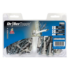 Cobra DrillerToggle M4+M5 Heavy Duty Self-Drilling Plasterboard Fixings With Bolts + Driver Bit 15+10 Set