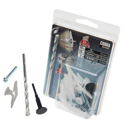 Cobra Nylon Toggle 4mm Medium Plasterboard Multi-Material Fixing With Screws & Drill Bit 10 Pack