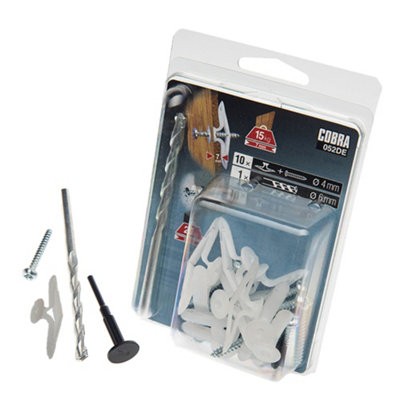 Cobra Nylon Toggle 4mm Small Plasterboard Multi-Material Fixing With Screws & Drill Bit 10 Pack