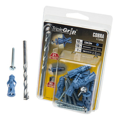 Cobra TripleGrip 5mm Multi-Material Wall Fixings With Screws & Drill Bit 10 Pack