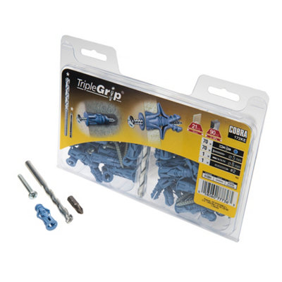 Cobra TripleGrip 5mm Multi-Material Wall Fixings With Screws, Drill Bit & Driver Bit 70 Pack