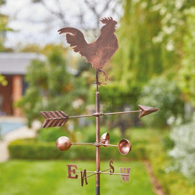 Cockerel Wind Vane - Hand Painted Metal Outdoor Garden Decoration with Brushed Copper Finish - Measures H170 x W39 x D23cm