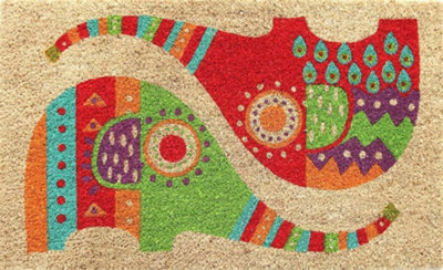 Coco&Coir Natural Coir Indoor Mat 15mm Non-Slip Backing Elephant Colourful Printed Design  45 x 75cm JUMBO BLING