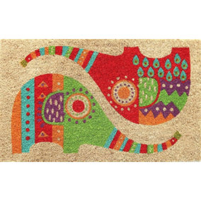 Coco&Coir Natural Coir Indoor Mat 15mm Non-Slip Backing Elephant Colourful Printed Design  45 x 75cm JUMBO BLING