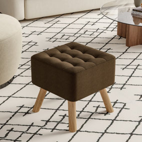 Coffee Linen Upholstered Footstool Footrest with Padded Wood Legs W 395 x D 395 x H 400 mm