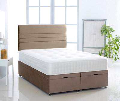 Coffee Plush Foot Lift Ottoman Bed With Memory Spring Mattress And Horizontal Headboard 2FT6 Small Single