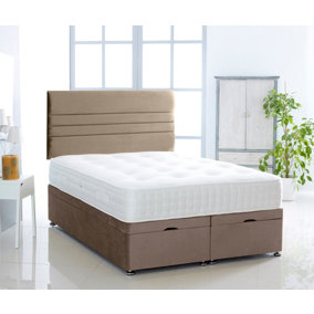 Coffee Plush Foot Lift Ottoman Bed With Memory Spring Mattress And    Horizontal   Headboard 4FT6 Double