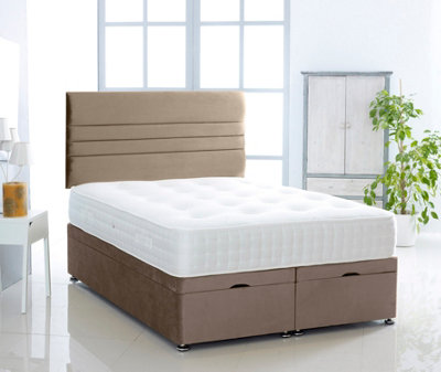 Coffee Plush Foot Lift Ottoman Bed With Memory Spring Mattress And    Horizontal  Headboard 5.0FT King Size
