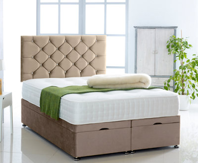 Coffee Plush Foot Lift Ottoman Bed With Memory Spring Mattress And    Studded  Headboard 3FT Single