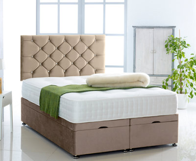 Coffee Plush Foot Lift Ottoman Bed With Memory Spring Mattress And    Studded  Headboard 4FT6 Double