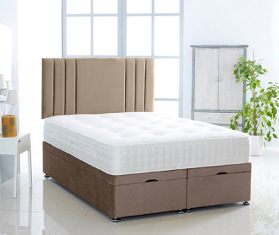 Coffee Plush Foot Lift Ottoman Bed With Memory Spring Mattress And   Vertical   Headboard 3FT Single