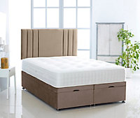Coffee Plush Foot Lift Ottoman Bed With Memory Spring Mattress And    Vertical   Headboard 4FT6 Double