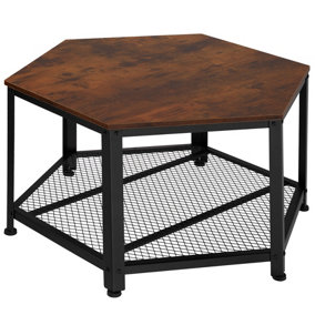 Coffee Table Norwich - hexagonal with grid shelf - Industrial wood dark, rustic