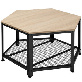 Coffee Table Norwich - hexagonal with grid shelf - industrial wood light, oak Sonoma