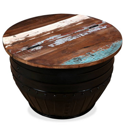 Coffee Table Solid Reclaimed Wood Black Barrel Shape Photo Inspiration