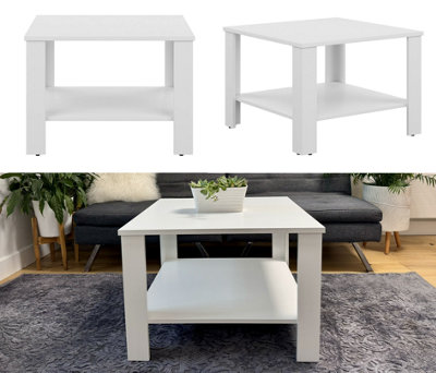 Coffee Table Storage Shelf 68cm Square Living Room Table White Matt Side Lamp Table Modern Ode