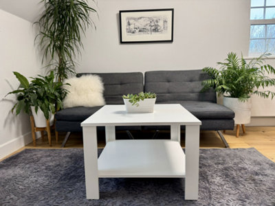 Coffee Table Storage Shelf 68cm Square Living Room Table White Matt Side Lamp Table Modern Ode