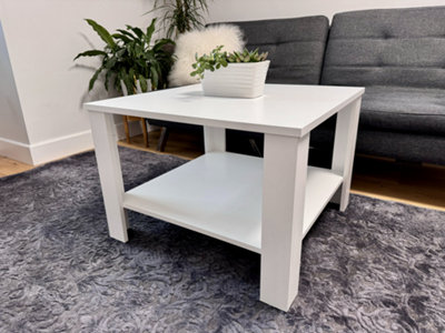 Coffee Table Storage Shelf 68cm Square Living Room Table White Matt Side Lamp Table Modern Ode