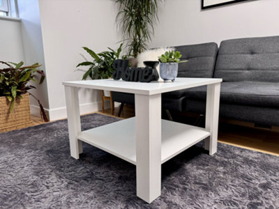 Coffee Table Storage Shelf 68cm Square Living Room Table White Matt Side Lamp Table Modern Ode