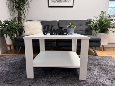 Coffee Table Storage Shelf 68cm Square Living Room Table White Matt Side Lamp Table Modern Ode