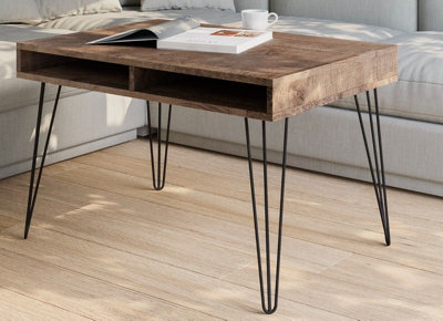 Coffee Table Storage Shelf Living Room Industrial Metal Hairpin Leg Oak