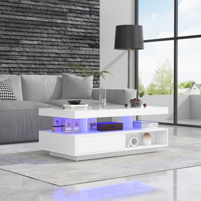 Coffee Table with LED Lights and Storage - Modern High Gloss Center ...