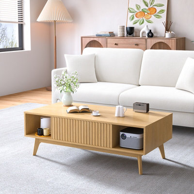 Coffee Table with Storage, Dining Table with Push-to-open Cabinet Doors and Solid Wood Legs, Oak