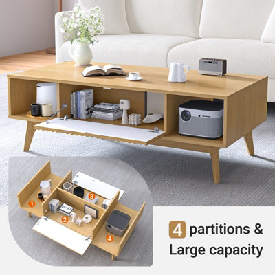 Coffee Table with Storage, Dining Table with Push-to-open Cabinet Doors and Solid Wood Legs, Oak