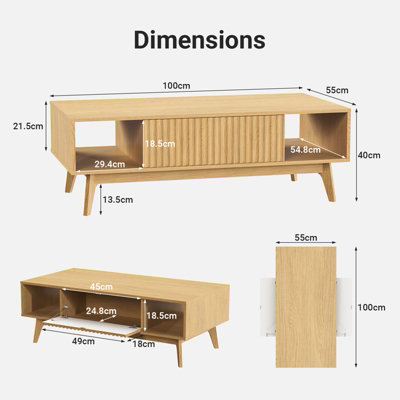Coffee Table with Storage, Dining Table with Push-to-open Cabinet Doors and Solid Wood Legs, Oak