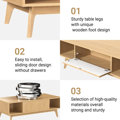 Coffee Table with Storage, Dining Table with Push-to-open Cabinet Doors and Solid Wood Legs, Oak