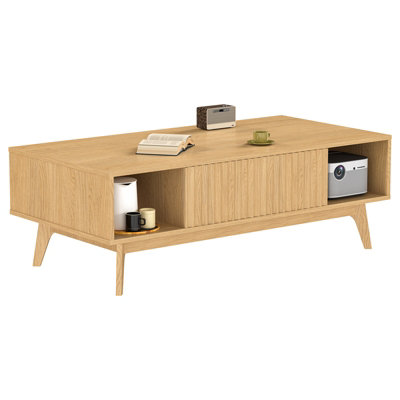 Coffee Table with Storage, Dining Table with Push-to-open Cabinet Doors and Solid Wood Legs, Oak