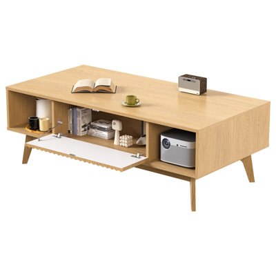 Coffee Table with Storage, Dining Table with Push-to-open Cabinet Doors and Solid Wood Legs, Oak