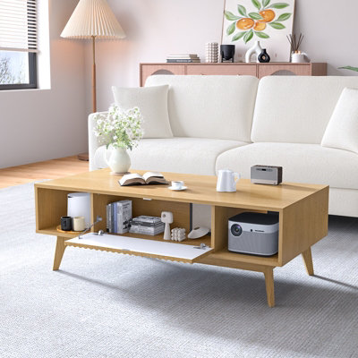 Coffee Table with Storage, Dining Table with Push-to-open Cabinet Doors and Solid Wood Legs, Oak
